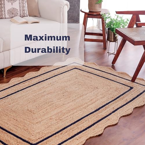 Wave Scalloped Jute Rug Entryway Natural Boho Area Rug Navy Blue 2'x4' - color: Navy Blue, size: 2'x4'