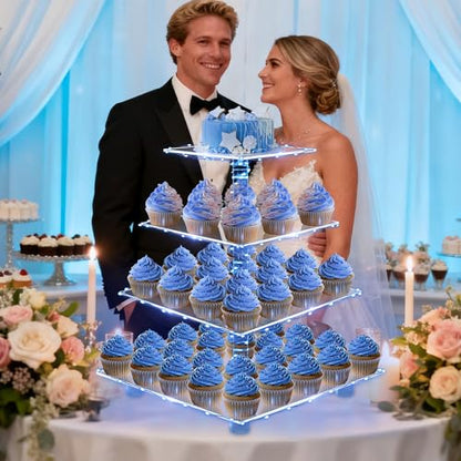 YestBuy 4 Tier Cupcake Stand with Blue Lights, Cupcake Tower Stand 50 Cupcakes - color: Blue, size: 4 Tier Square