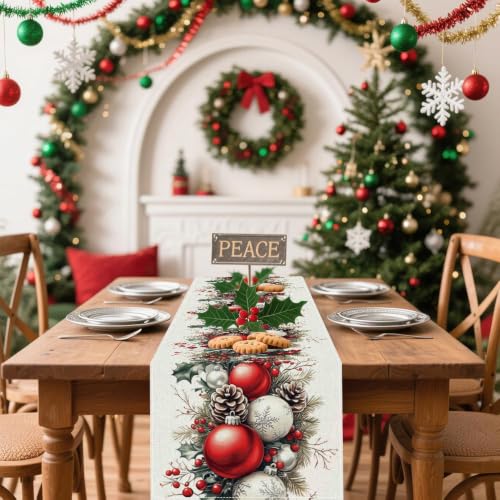 Christmas Table Runner 13 x 72 Inch, Holiday Table Decor with Christmas Ball & Pinecone Design - color: Christmas-001