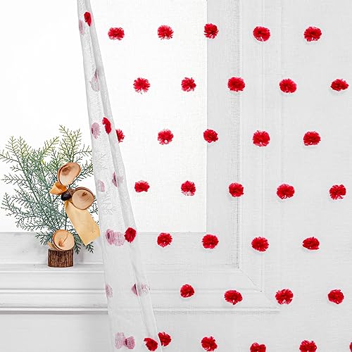 MYSKY HOME Red Pom Pom Curtains for Kitchen Windows 45 Inch Long 2 Panels - color: Red Pom Pom, size: 50"W x 45"L (Pack of 2)