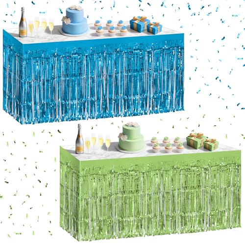 2 Pack Lake Blue Lime Green Table Skirts, 29x108" Metallic Foil Tinsel Fringe Table Skirt for Rectangle Tables Streamer Curtains Backdrop, Party Decorations for Birthdays, Weddings, Holidays - color: Lake Blue Lime Green