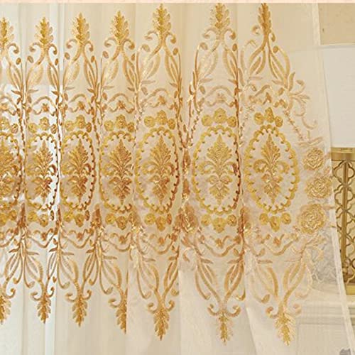 Amidoudou 1 Pair European Jacquard Sheer Curtains for Living Room Bedroom Luxury Embroidered Tulle Curtains (Gold,52x90 Inch) - color: Gold, size: 52"W x 90"L (Pack of 2)