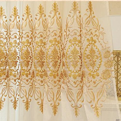 Amidoudou 1 Pair European Jacquard Sheer Curtains for Living Room Bedroom Luxury Embroidered Tulle Curtains (Gold,52x90 Inch) - color: Gold, size: 52"W x 90"L (Pack of 2)