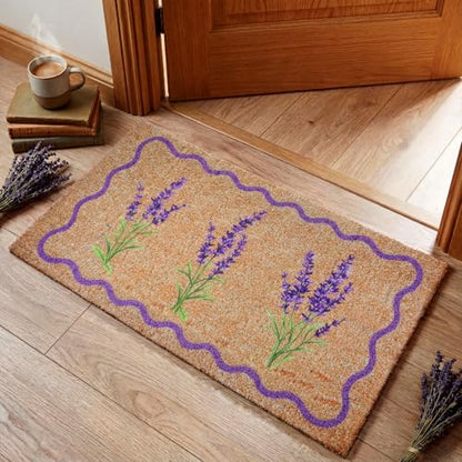 Dunzy Lavender Door Mat Outdoor Purple Floral Rug with Rubber Backing - style: Lavender