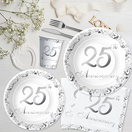 APOWBLS 25th Anniversary Decorations Tableware Wedding, Silver, Serves 24