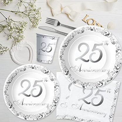 APOWBLS 25th Anniversary Decorations Tableware Wedding, Silver, Serves 24