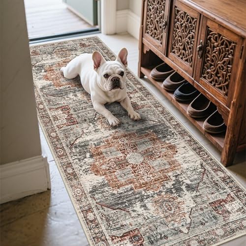Washable Hallway Runner Rug 2x6 - Boho Rugs for Living Room Stain Resistant Carpet Vintage Tribal Rugs for Bedroom Kitchen Bathroom Non Slip Backing Home Decor Floor Decoration Mat 2x6 Brick - color: Brick, size: 2' x 6' (Runner)