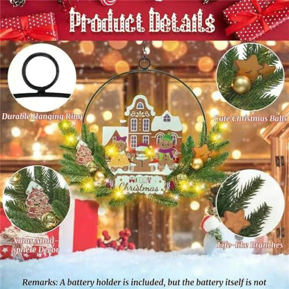 Pre-Lit Christmas Wreath for Front Door, Lighted Witch with 6H On/18H Off - color: Gingerbread-warm White