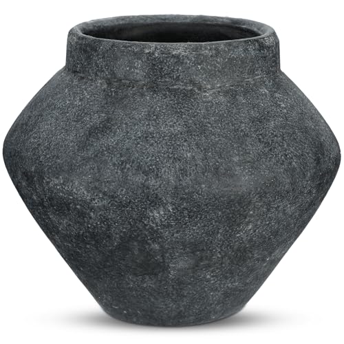 Briful Large Rustic Ceramic Vase with Distressed Finish, 8.2'' Tall Wide-Belly Decorative Flower Vases with Felt Pads, Retro Style Pottery for Home Decor, Table Centerpiece, Black - color: 8.2'' Black