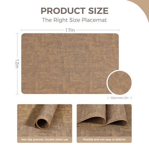 NCUE Vinyl Placemats Set of 12, 17"x12" Wipeable Place Mats with Coasters - color: Light Brown, size: Set of 12