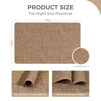 NCUE Vinyl Placemats Set of 12, 17"x12" Wipeable Place Mats with Coasters - color: Light Brown, size: Set of 12