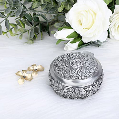 Hipiwe Metal Jewelry Box Vintage Ring Holder Small Round Trinket Organizer - style: Round,Silver