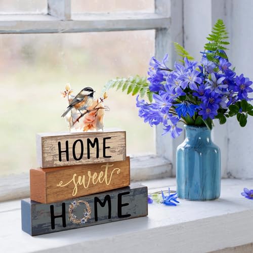 Cinnvoice 4 Pcs Chickadee Wooden Block Decor Farmhouse Tiered Tray Signs - style: Poppy Tit