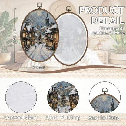 FLAWAFLOMA Rustic Winter Village Oval Canvas Wall Art Decor 8.6x11.4 Inch - color: Christmas-10