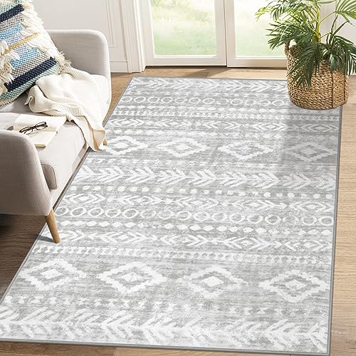 Lahome 4x6 Area Rugs for Living Room, Washable Non Slip Soft Grey Rug, Low Pile Moroccan Tribal Print, Stain Resistant Rubber Backed Indoor Carpet for Bedroom Playroom Office Nursery Varena - color: Grey/White, size: 4' x 6'