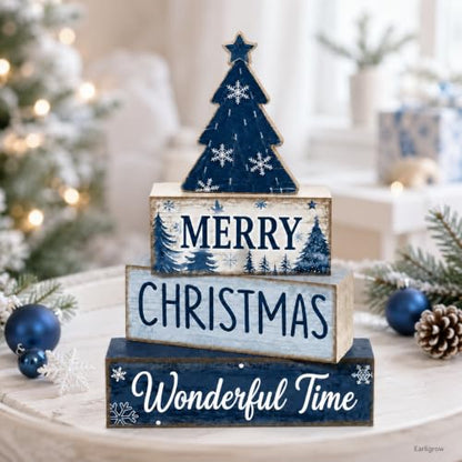 Christmas Table Decorations Wooden Blue Xmas Tree Tiered Tray Decor - style: Blue Tree