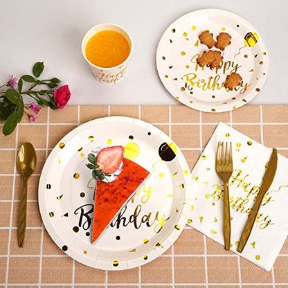 200 pieces of white and gold birthday party supplies, disposable happy birthday tableware set, gold plastic knives, forks, spoons, straws. Birthday themed tray, cup,25Guests（white） - color: White