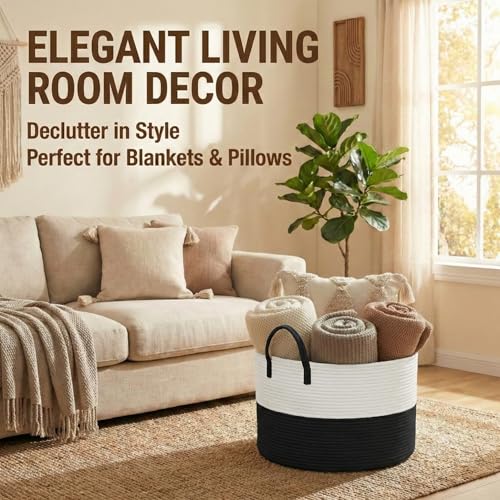 JMvicyroam 115L Extra Large Machine Washable Cotton Rope Blanket Basket - color: White&Black, size: 115L