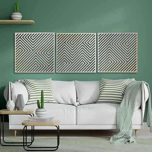 Wood Geometric Wall Art, Large 3D Optical Illusion Wooden Wall Art Modern, Abstract Wood Wall Decor Living Room, 3 Piece Wood Wall Panels