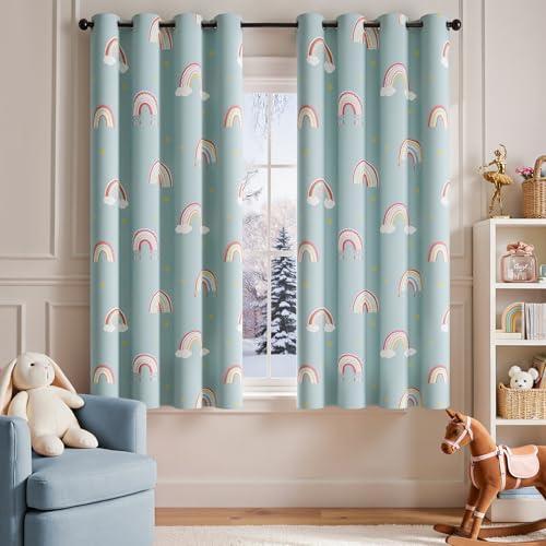 jinchan Nursery Blackout Curtains for Kids Room Rainbow Blue Curtains Cute Girls Bedroom Dorm Playroom Window Treatment Grommet Thermal Insulated Room Darkening 2 Panels 63 Inch Length - color: Rainbow Blue, size: 52"W x 63"L (Pack of 2)