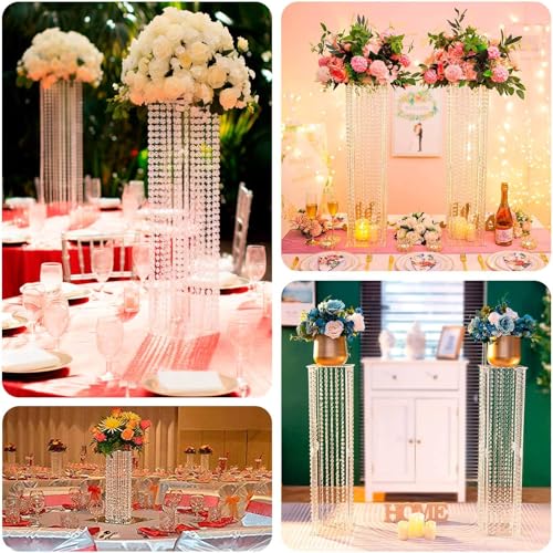 Efavormart 32" Heavy Duty Acrylic Flower Pedestal Vase with Hanging Crystal Beads, Clear Pillar Stand Wedding Table Centerpieces with Pre-Chained Garlands - 5mm Thick Plates - size: 32‘’x11''