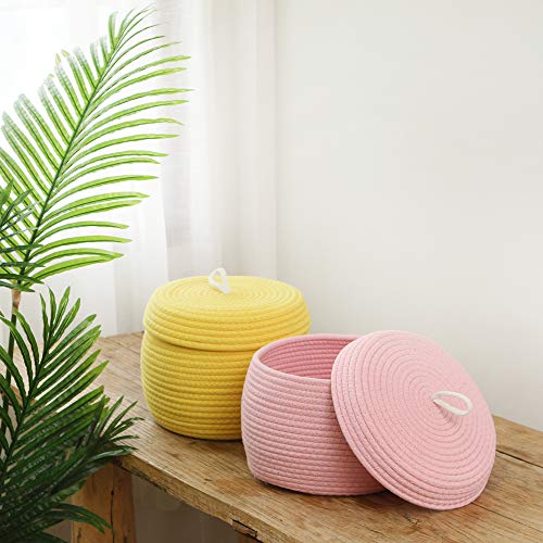 Sea Team Round Woven Cotton Rope Storage Basket with Lid, Pink - color: Pink, size: Small