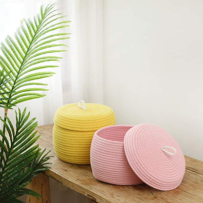 Sea Team Round Woven Cotton Rope Storage Basket with Lid, Pink - color: Pink, size: Small