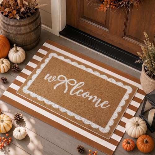 Tinideya 2 Pcs Fall Welcome Layered Doormat Set Fall Front Porch Decor - color: Brown