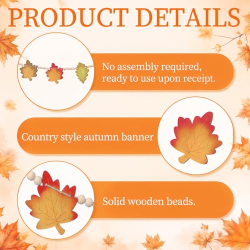 Qunclay 5.1ft Fall Wooden Leaves Garland with Bead Maple Leaves Banner