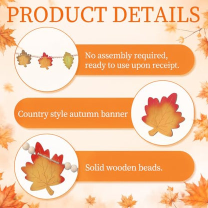 Qunclay 5.1ft Fall Wooden Leaves Garland with Bead Maple Leaves Banner