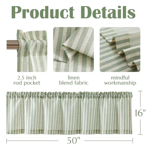 jinchan Linen Boxter Stripe Valances for Window 16 inch,Sage Green,1 Panel - color: Boxter Stripe | Sage Green on Linen, size: 50"W x 16"L (Pack of 1)