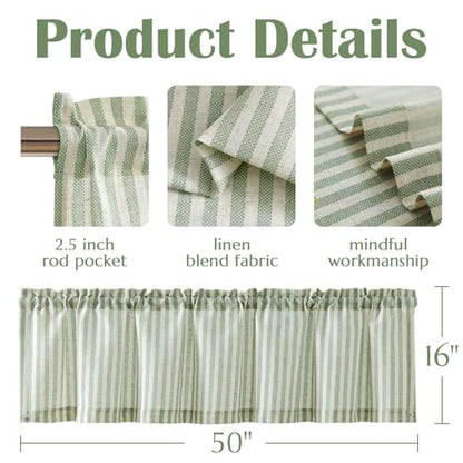 jinchan Linen Boxter Stripe Valances for Window 16 inch,Sage Green,1 Panel - color: Boxter Stripe | Sage Green on Linen, size: 50"W x 16"L (Pack of 1)