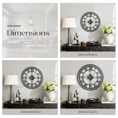 30" Large Wall Clock Decorative for Living Room, Black Metal Roman Numeral Big Clock Completely Silent, Oversized Wall Clocks Battery Operated for Kitchen, Bedroom, Fireplace - size: 30 inch