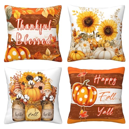 Fall Pumpkin Throw Pillow Covers 18 X 18 Inch Set of 4 Decorative Cushion Cover Home Decor for Sofa Chair Couch Bedroom Living Room - color: Fall