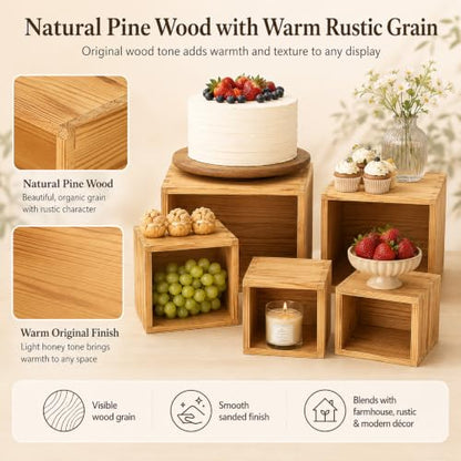 8 Pack Pine Wood Buffet Risers, Multi-Size Food Display Stands