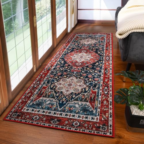 YJ.GWL Area Rug 2x6, Machine Washable Hallway Runner Rug, Boho Floral Vintage Distress Print Pattern Carpet, Low Pile Lightweight Thin Rugs for Entryway, Kitchen and Corridor, Red - color: Red, size: 2' x 6' (Rectangular)