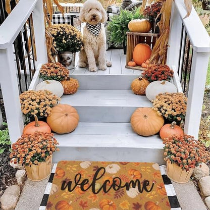 IZUS Fall Hello-Pumpkin Welcome-Doormats Outdoor-Entrance Autumn Harvest-Festival Non-Slip Frontdoor Mat 17x29inch - color: Harvest Pumpkin