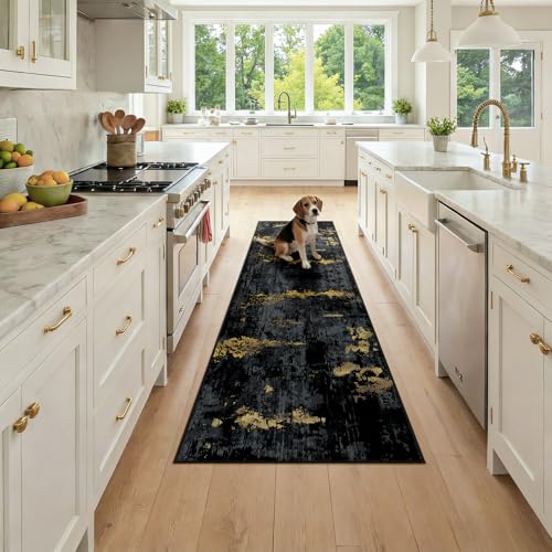 RELEANY Washable Runner 2'x7' Abstract Area Rug for Hallway Black Gold - color: Black/Gold, size: 2' x 7' (Runner)