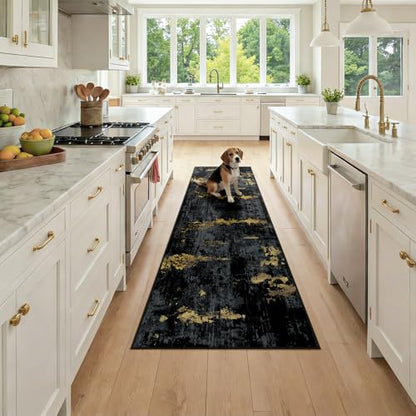 RELEANY Washable Runner 2'x7' Abstract Area Rug for Hallway Black Gold - color: Black/Gold, size: 2' x 7' (Runner)