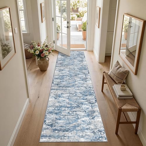 Modern Hallway Runner Rug 2x10, Textured Non Slip Carpet Runner, Ocean Blue - color: Abstract- Ocean Blue, size: 2' x 10' (Runner)