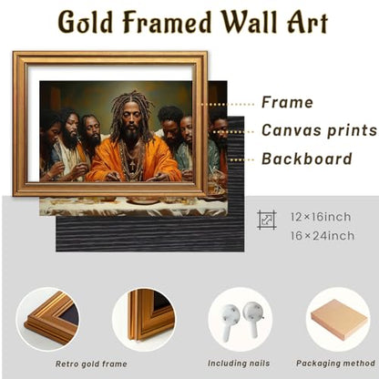 Black Jesus Wall Art Gold Framed Modern Last Supper Picture 16x24 Inch - color: Dinner, size: 24"L x 16"W