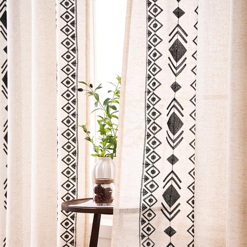 Black Boho Linen Curtains 63 Inch 2 Panels for Living Room Bedroom - color: Geometric-black, size: 52"W x 63"L (Pack of 2)