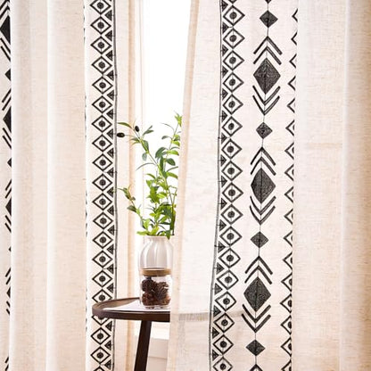 Black Boho Linen Curtains 63 Inch 2 Panels for Living Room Bedroom - color: Geometric-black, size: 52"W x 63"L (Pack of 2)
