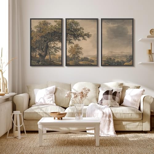 MUDECOR Framed Wall Art Print Set Vintage Landscape Rustic Tree and Mountain View Illustrations Decorative Colorful for Living Room, Bedroom, Office - 16"x24"x3 Black - color: A07-2410-ll01, size: 16"x24"x3 Panels Black