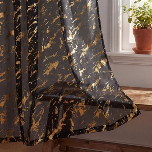 Horaldaily 2Pcs Black Sheer Curtains for Window 52x72in, Gold Sequin Marble - color: Black and Gold, size: 52"W x 72"L (Pack of 2)