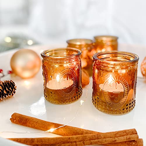 Kate Aspen Vintage Amber Glass Tea Light Candle Holders Set of 4 - Votive Holders for Home Decor, Fall Table Decorations, Bathroom Candles, Kitchen Shelf Decor, and Wedding Centerpieces - color: Amber, size: Set of 4