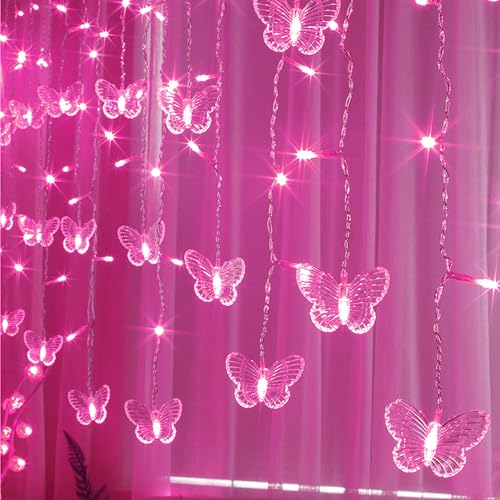 Butterfly Curtain Lights, 13ft 96 LED USB Window Fairy Lights 16 Butterflies 8 Modes Firefly Twinkle Timer String Lights with Remote for Room Bedroom Wall Ceiling Party Wedding Christmas - color: Pink, size: 13ft