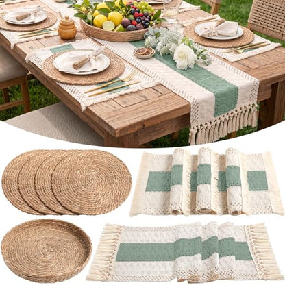 Boho Table Runner and Placemats Set, 4 Sets, Green, 12x72 - color: Green, size: 12x72"