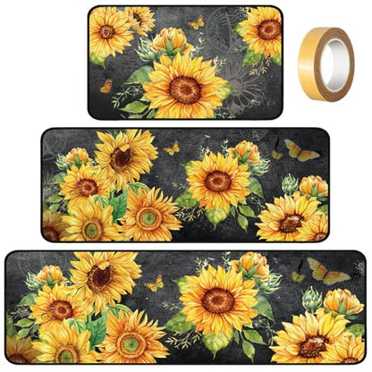 Fourluoo 3 Pcs Sunflower Kitchen Rugs and Mats Decor Set Black Sunflower - color: Sunflower