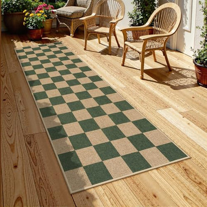 Lahome Checkered Easy Jute Kitchen Runner Rug, 2x8 Outdoor Rugs Washable - color: Deep Green/Nature-1, size: 2'6" x 8' (Runner)